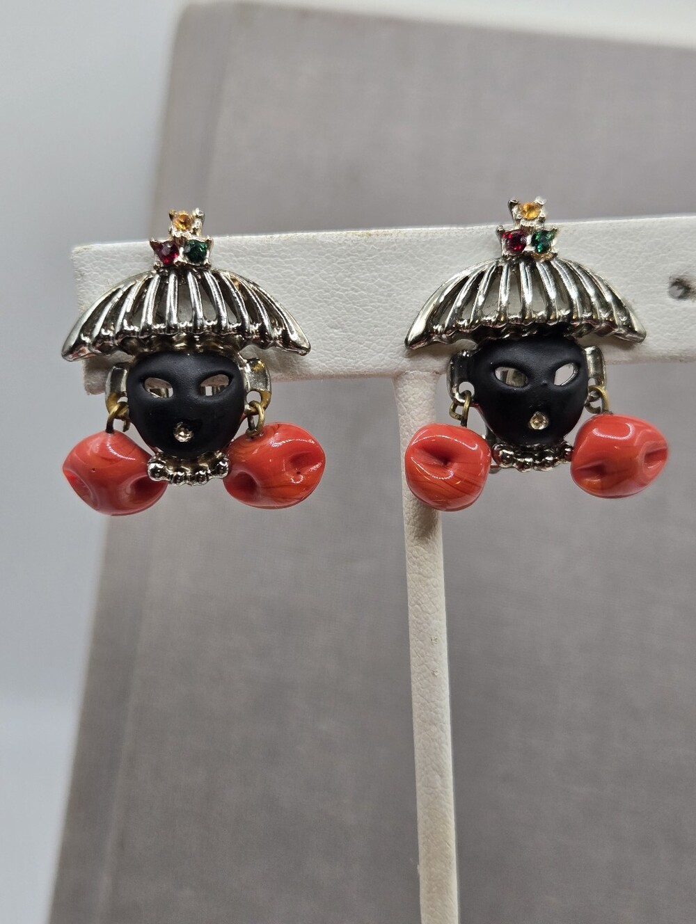 Vintage Blackamoor Gold Tone venetian glass clip earrings African Regal Jeweled
